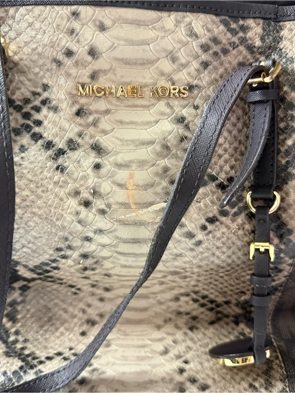 Michael Kors Taupe and Black Snake-Print Shoulder Bag with Gold Hardware